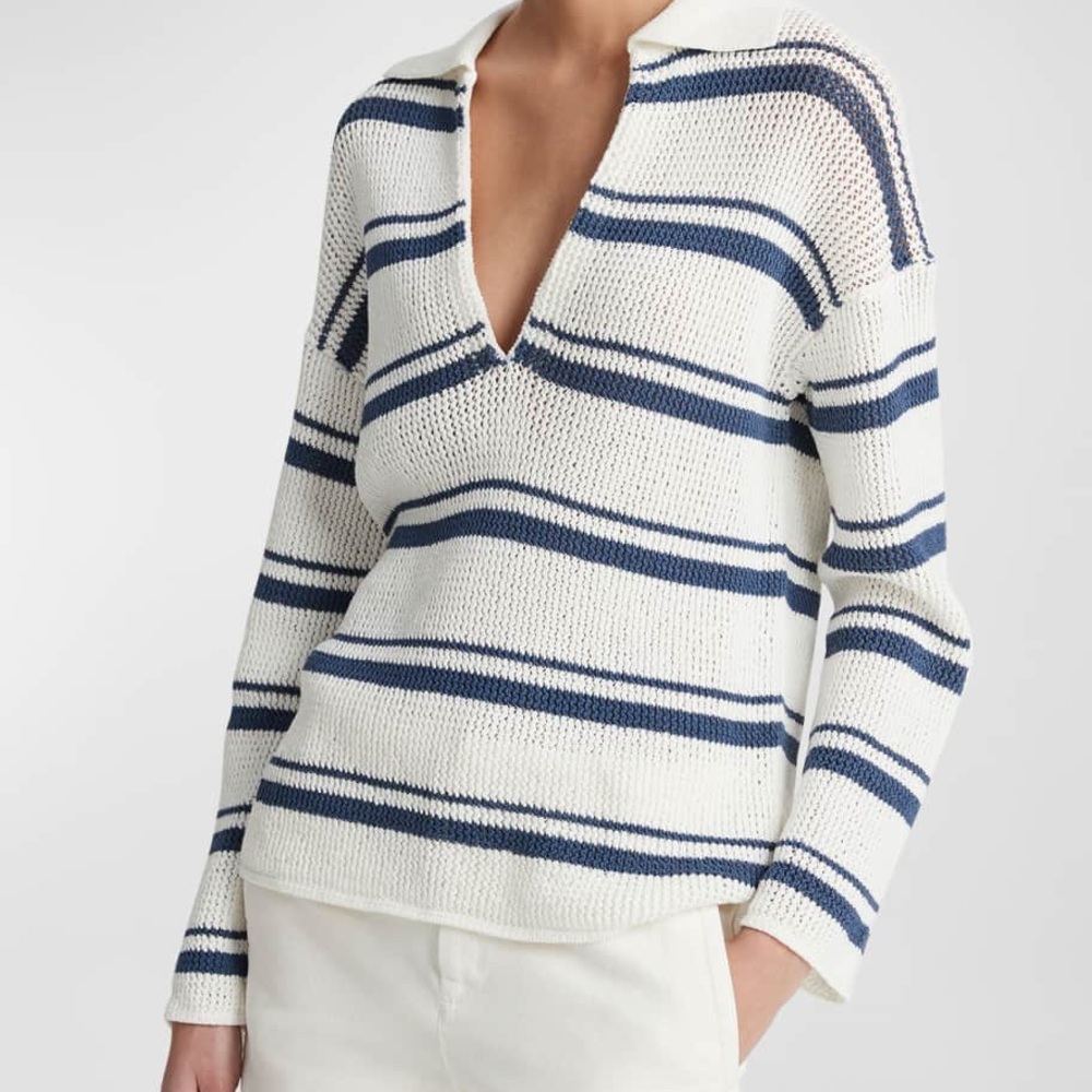 Vince Racked Ribbed Stripe Pullover Sweater Medium
White Navy Stripe Nautical